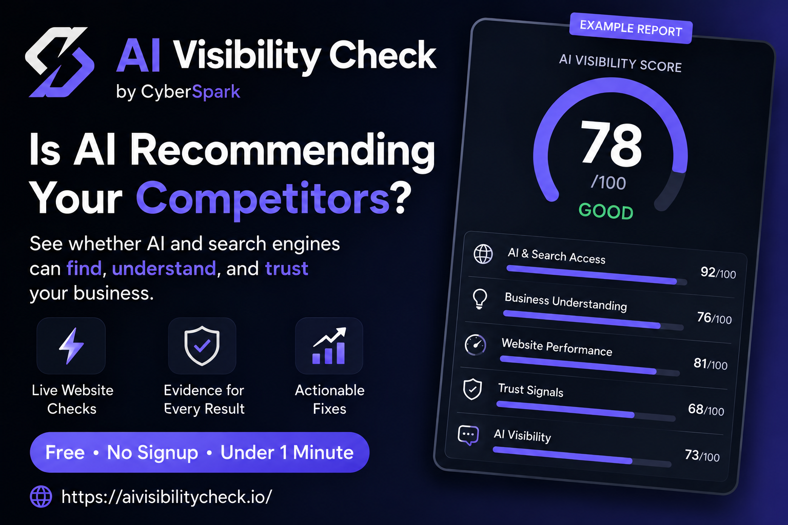 AI Visibility Check example report with a score out of 100
