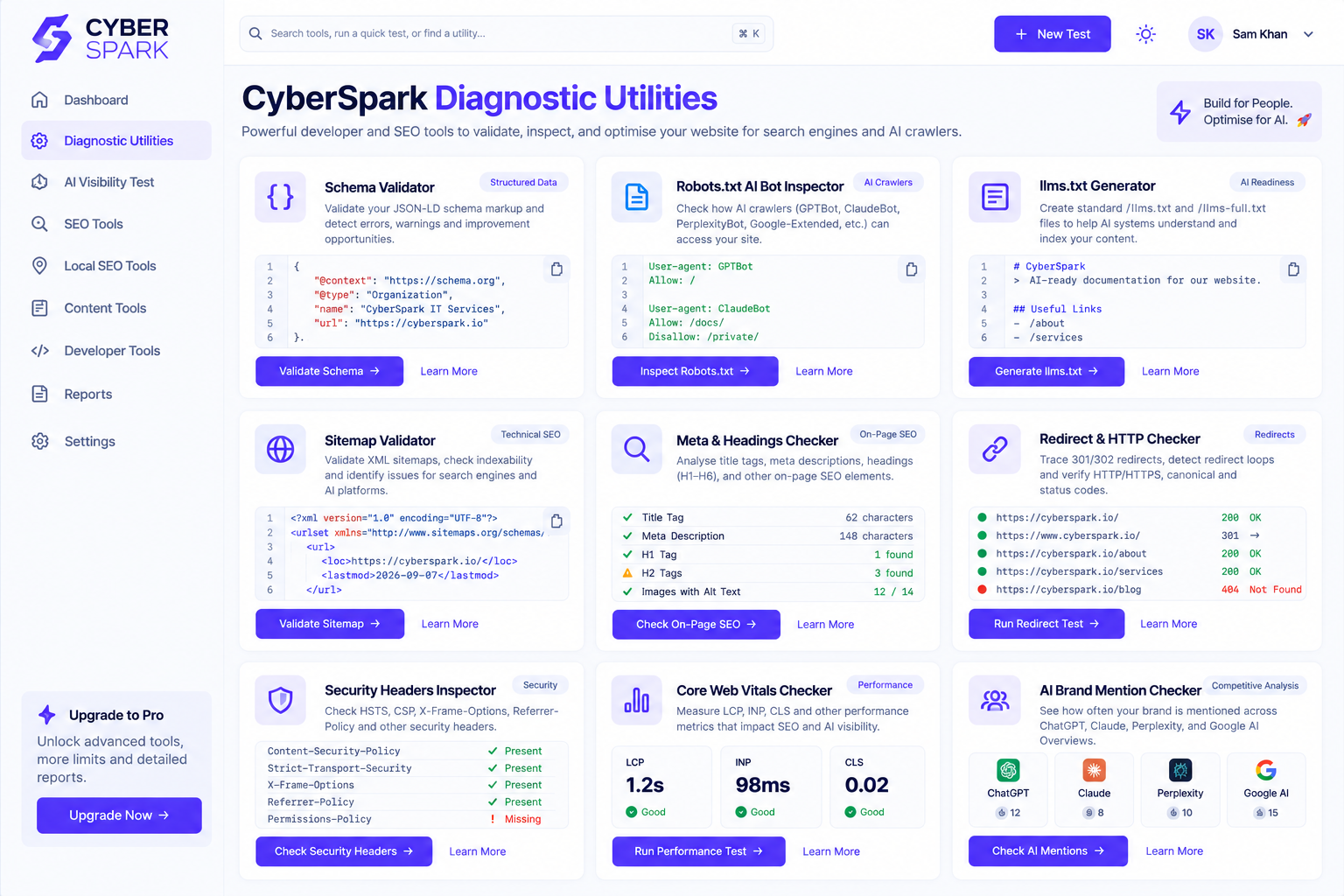 CyberSpark diagnostic utilities for SEO and AI search